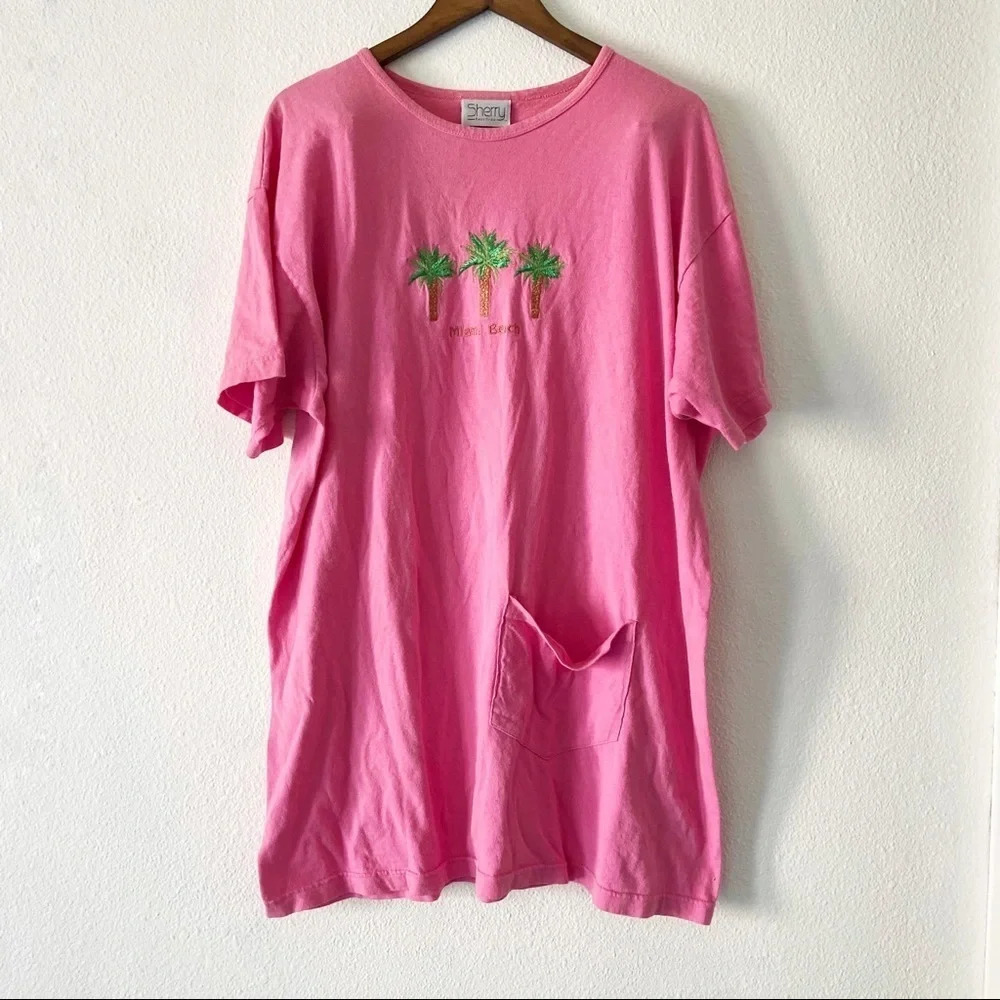 Sherry Pink Miami Beach Palm Tree T-Shirt Dress  Coastal Beachy OS Resortwear